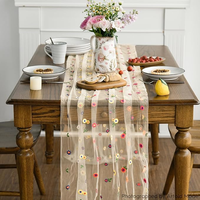 Artoid Mode 3PCS Champagne Embroidery Daisy Gauze Table Runner 120 Inch 10FT - Image 3