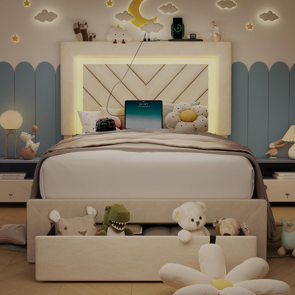 Twin Bed Frame with Adjustable Charged Headboard & Drawer, Off White