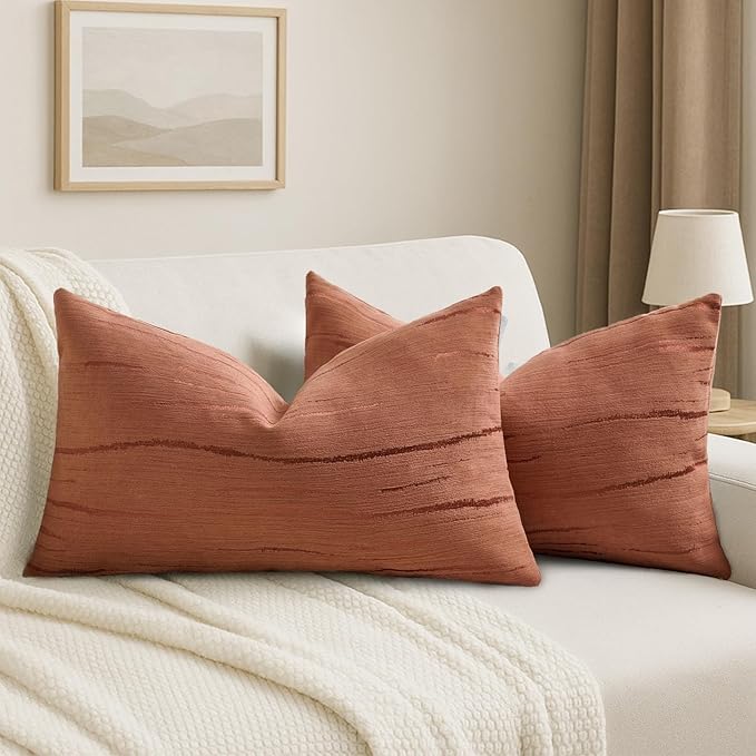 HAUSSY Rust Throw Pillow Covers 12x20 Inch Set of 2, Boho Embossed Striped by HAUSSY