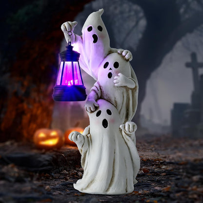 twinbling Triple Ghosts Halloween Decorations Outdoor with Solar Lantern,Cute Spooky Halloween Ghost Figurines,Ghost Decor Outside Decor for Yards Porches Gardens Lawn Party