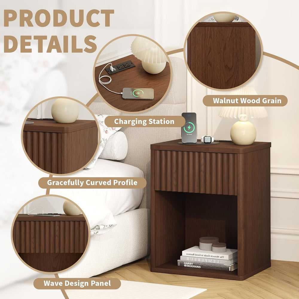 Fluted Nightstands Set of 2 w/Charging Station, Wooden End Table Bed Side Tab...