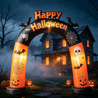 DomKom 8FT Long Halloween Inflatable Archway, Happy Halloween Blow Up Arch with Built-in LED Lights, Pumpkin, Skull, Bat Decor, Outdoor Inflatable Yard Lawn Garden Halloween Party Decorations