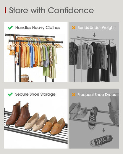 sakugi rolling double rod clothes rack with shelf, package contents