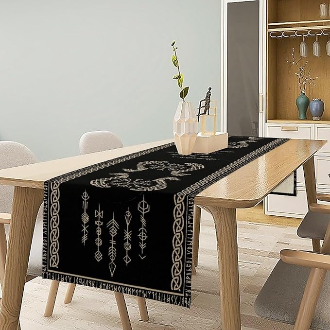 Viking Table Runner, Raven Ancient Rune Dragon Totem Norse Mystical Geometric - Image 3