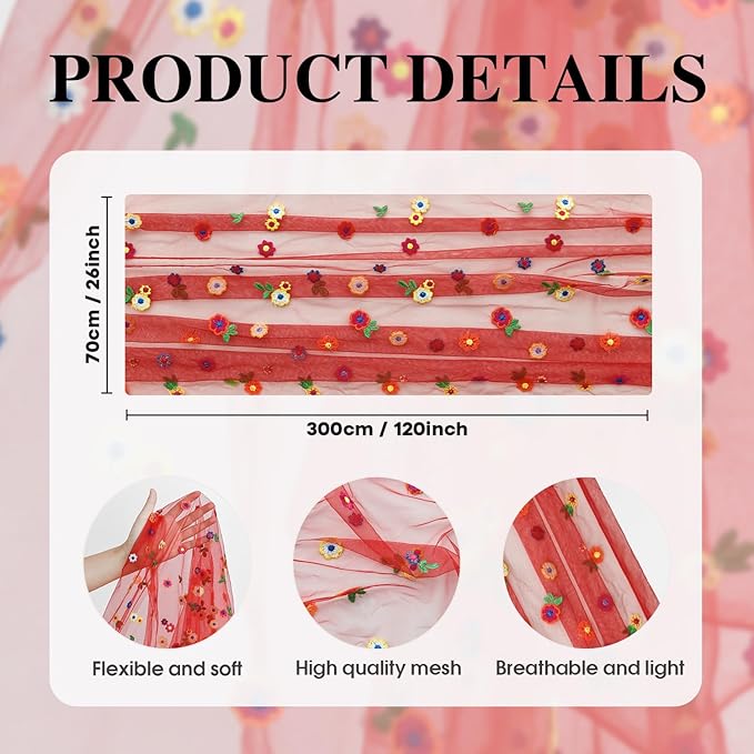 Artoid Mode Red Embroidery Daisy Gauze Table Runner 120 Inch 10FT, Seasonal - Image 7