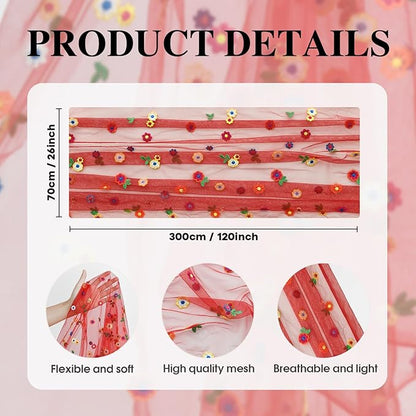Artoid Mode Red Embroidery Daisy Gauze Table Runner 120 Inch 10FT, Seasonal - Image 7