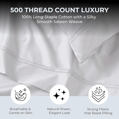 100% Natural Cotton Sheets Queen Size Bed Set | 500 TC Single-Ply Sateen Weave - Image 2