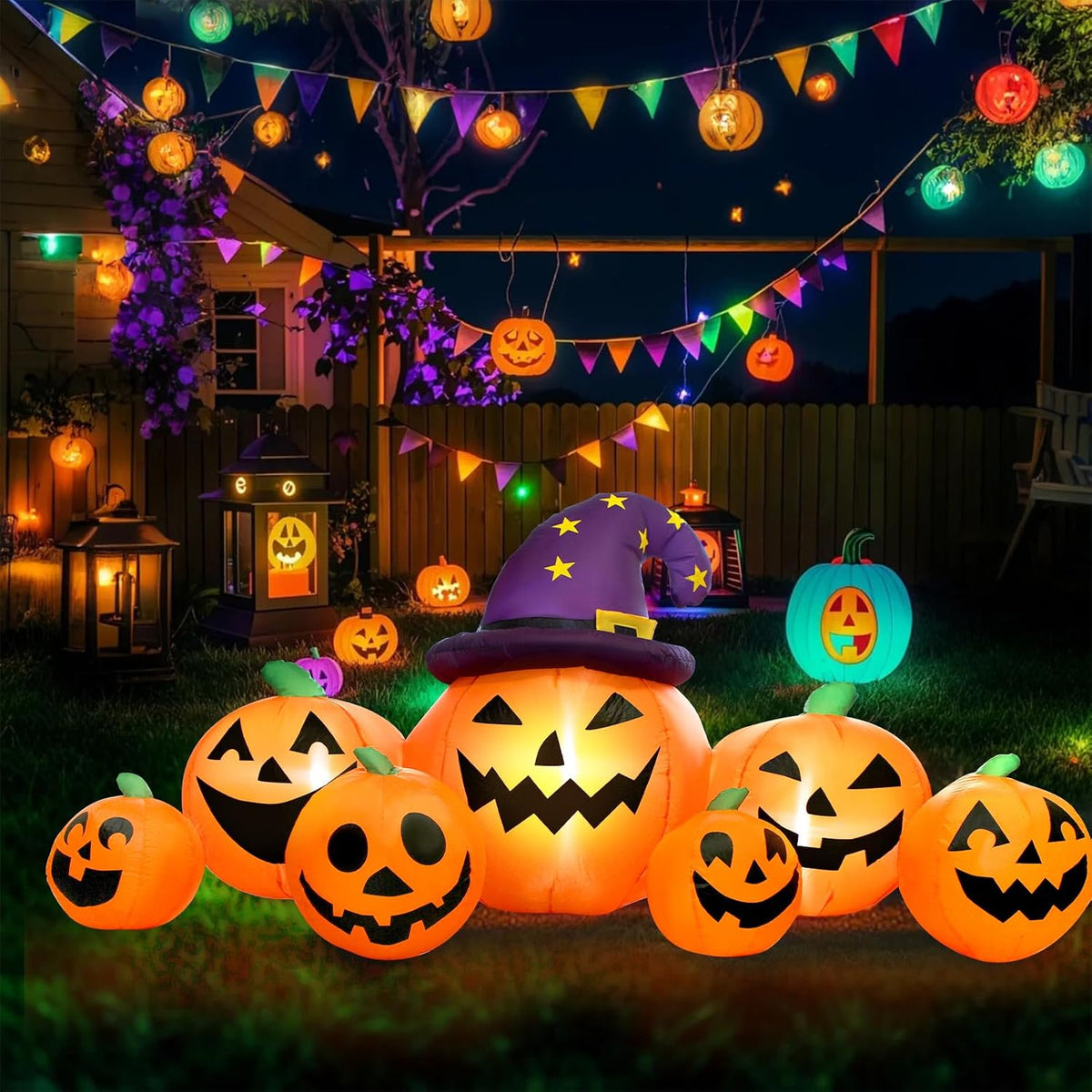 8FT Long Halloween Inflatables Pumpkin Outdoor Decorations, Halloween Blow Ups Inflatable Pumpkin for Yard, Garden, Lawn with Witch Hat