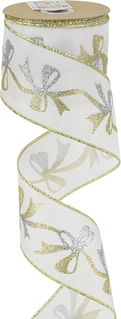 MEEDEE Gold and Silver Christmas Ribbon 2.5 Inch White Satin Ribbons by MEEDEE