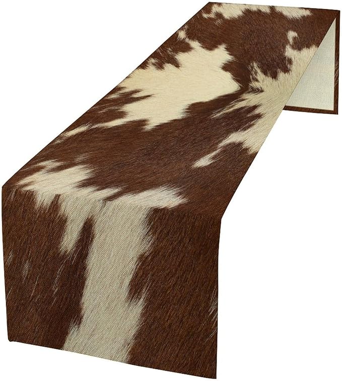 Cow Print Table Runner Retro Brown White Cow Fur Animal Fur Skin Farmhouse by ShiTingYu