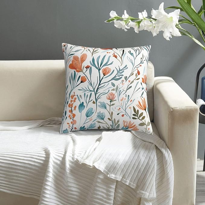 Turquoise Orange Floral Throw Pillow Covers 18x18 in Set of 2 Decorative Teal - Image 7