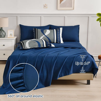 anibedding king size comforter set,navy blue boho bed, side view