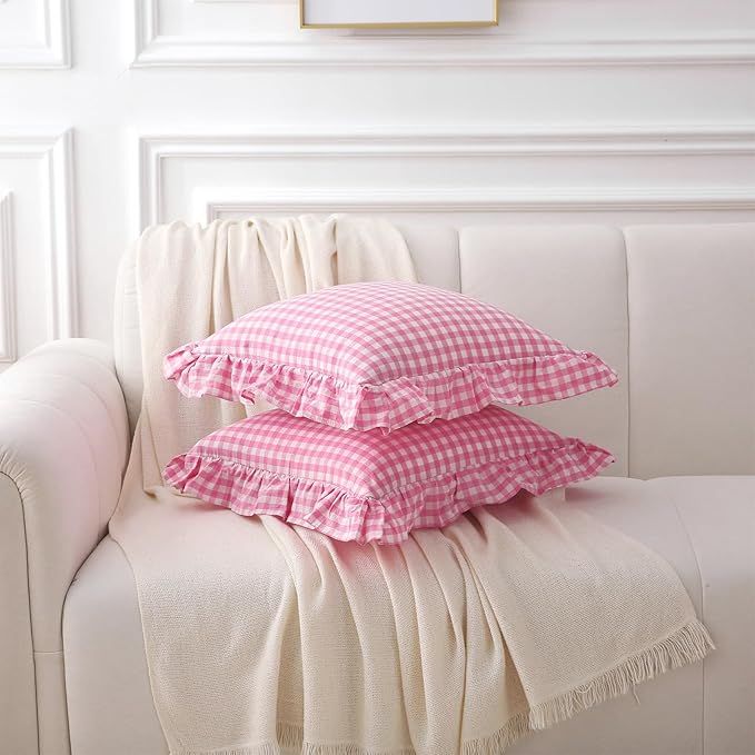 2 Pack Pink White Plaid Ruffle Gingham Throw Pillow Covers, 100% Washed Cotton - Image 3