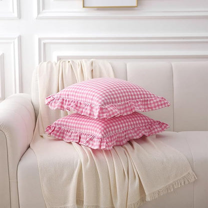 2 Pack Pink White Plaid Ruffle Gingham Throw Pillow Covers, 100% Washed Cotton - Image 3
