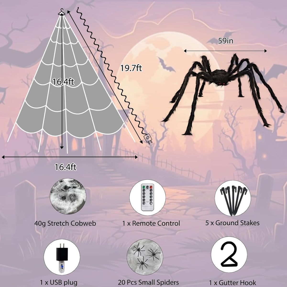 Halloween Spider Web Lights 550 LED Lighted Spider Web 16.4Ft Giant Halloween Decorations Light up with 8 Lighting Modes Waterproof & Timer for Indoor Outdoor House Haunted Yard Decor, Orange & Purple