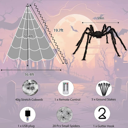 Halloween Spider Web Lights 550 LED Lighted Spider Web 16.4Ft Giant Halloween Decorations Light up with 8 Lighting Modes Waterproof & Timer for Indoor Outdoor House Haunted Yard Decor, Orange & Purple