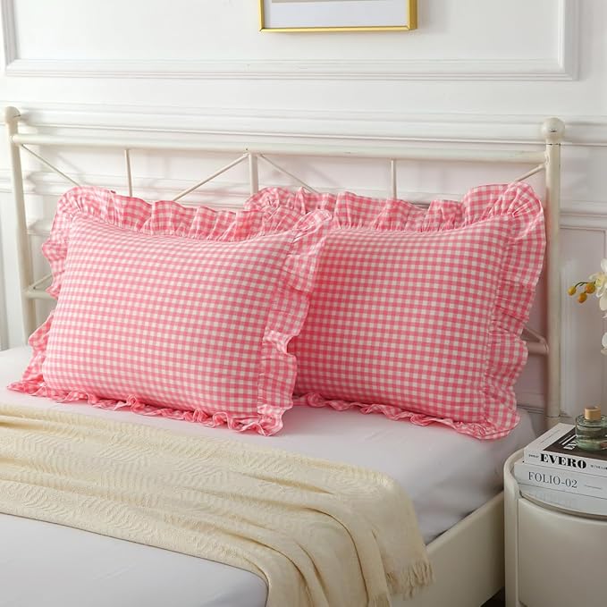 Vintage Light Pink Plaid Ruffle Pillow Shams Standard Size Set of 2, Washed by Mywinlle