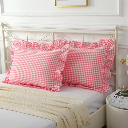 Vintage Light Pink Plaid Ruffle Pillow Shams Standard Size Set of 2, Washed by Mywinlle