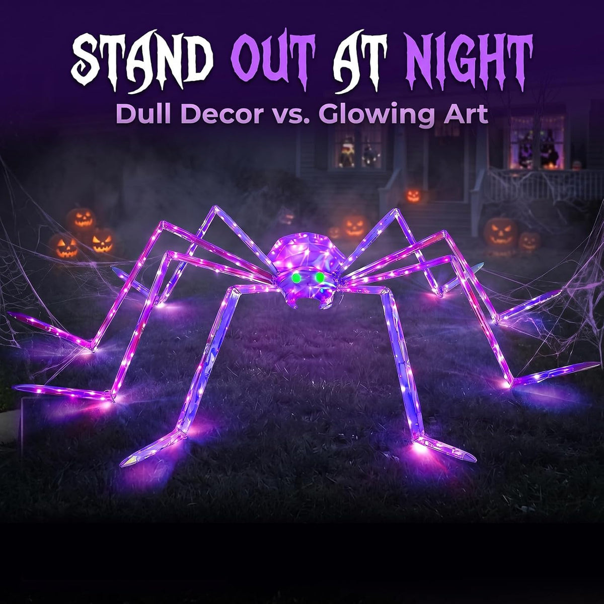 7FT Giant Halloween Spider Decorations Outdoor – Prismatic Iridescent Light-Up Spider with 170 LED Lights & Green Glowing Eyes, Easy Assembly, for Yard, Lawn, Porch, Garden, Haunted House, Party