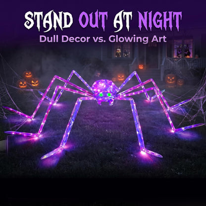 7FT Giant Halloween Spider Decorations Outdoor – Prismatic Iridescent Light-Up Spider with 170 LED Lights & Green Glowing Eyes, Easy Assembly, for Yard, Lawn, Porch, Garden, Haunted House, Party