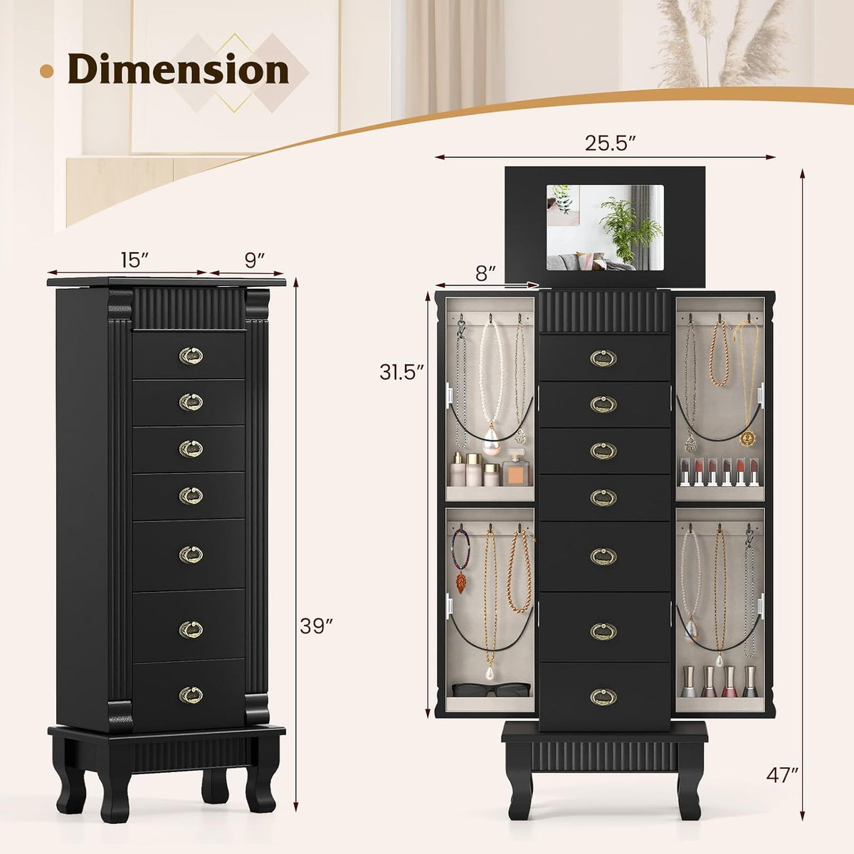 giantex standing jewelry cabinet with 7 drawers, flip-top on a desk or shelf