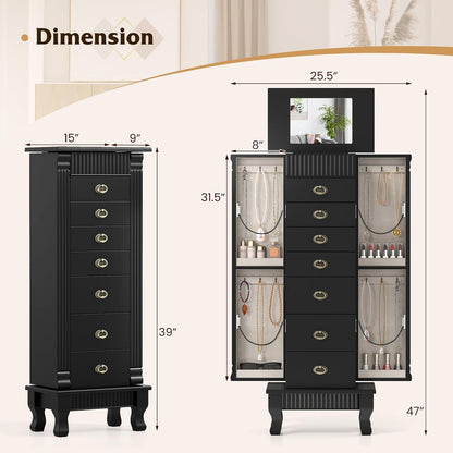 giantex standing jewelry cabinet with 7 drawers, flip-top on a desk or shelf