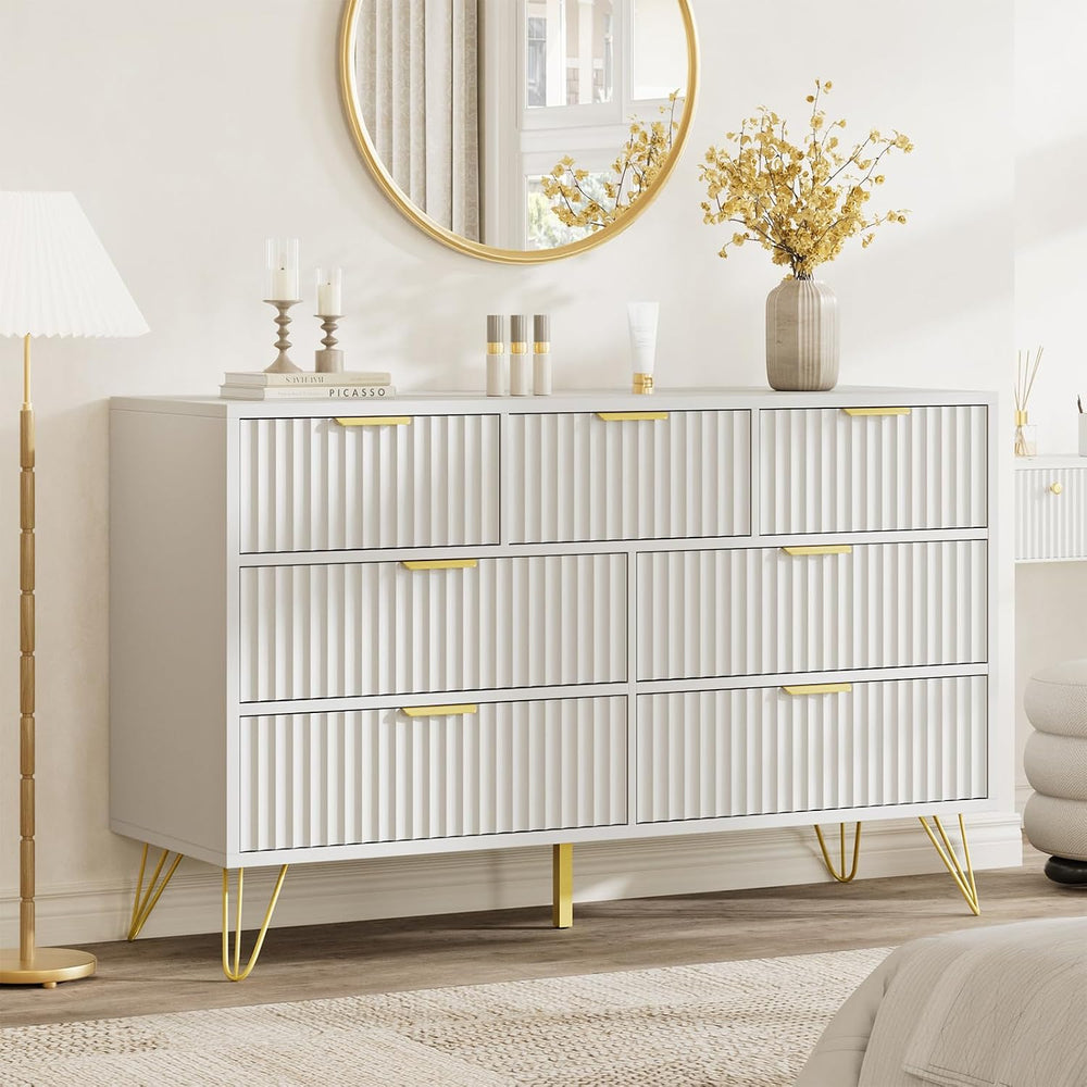 LYNSOM Fluted Dresser for Bedroom, White 7 Drawer Dresser with Gold Handles a...