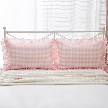 2 Pack Blush White Plaid Ruffle Gingham Pillow Shams Standard Size, 100% Washed - Image 2