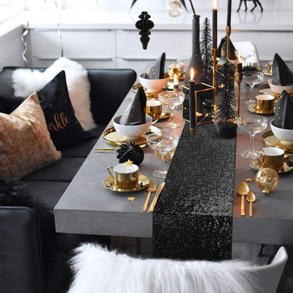 B-COOL Sequin Black Table Runner: 8 Pack 12x72Inch Glitter Decoration Sparkly Fabric for Halloween Graduation Holiday Birthday Outdoor Table Decor