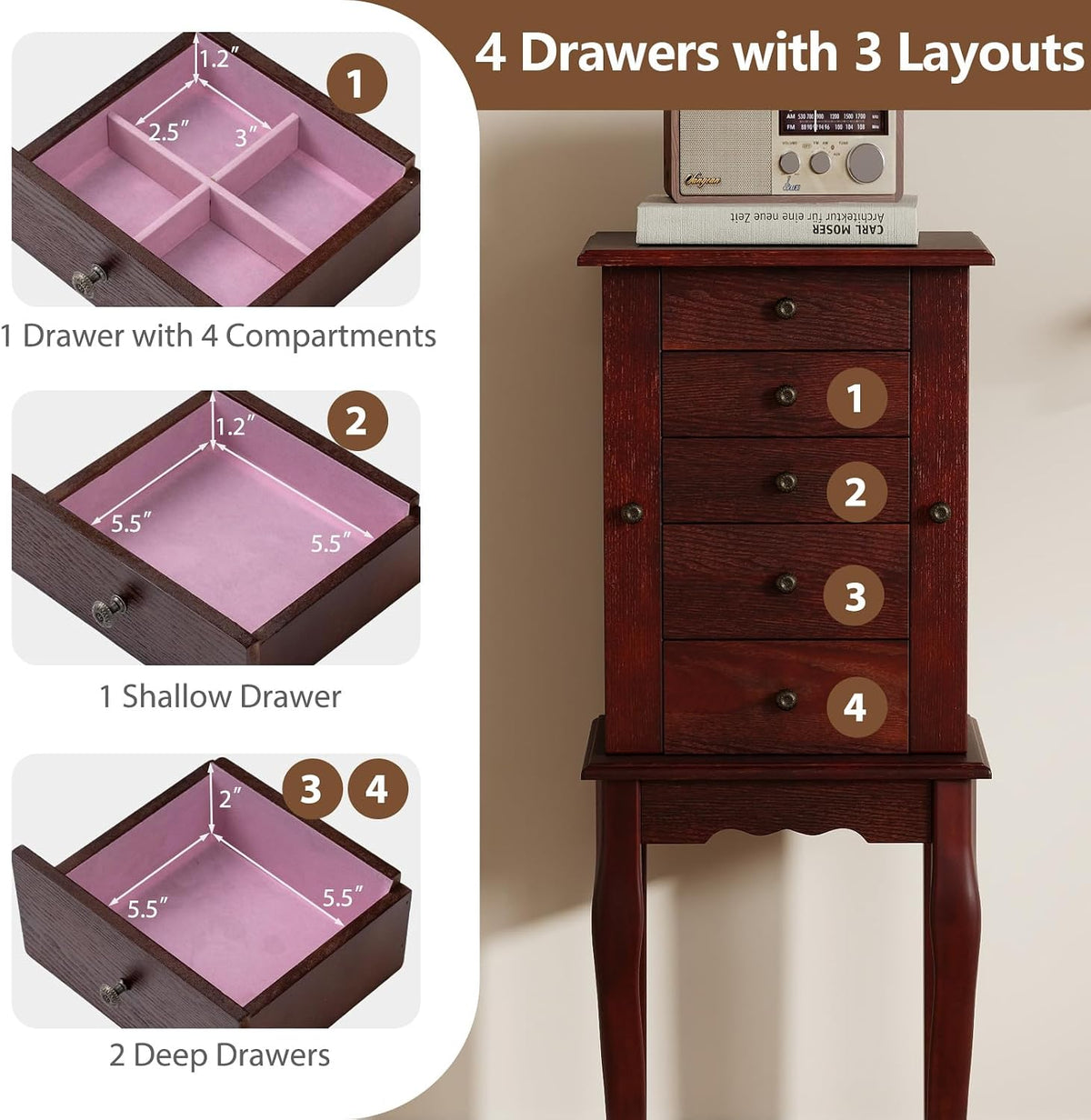 giantex standing jewelry armoire cabinet with 4 drawers, close-up detail