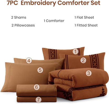 mairêve embroidery queen comforter set 7 pieces burnt, front angle view