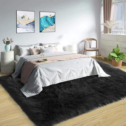 Latepis 9 x 12 Area Rug for Living Room Black Fur Faux Sheepskin Fluffy Rug for - Image 7