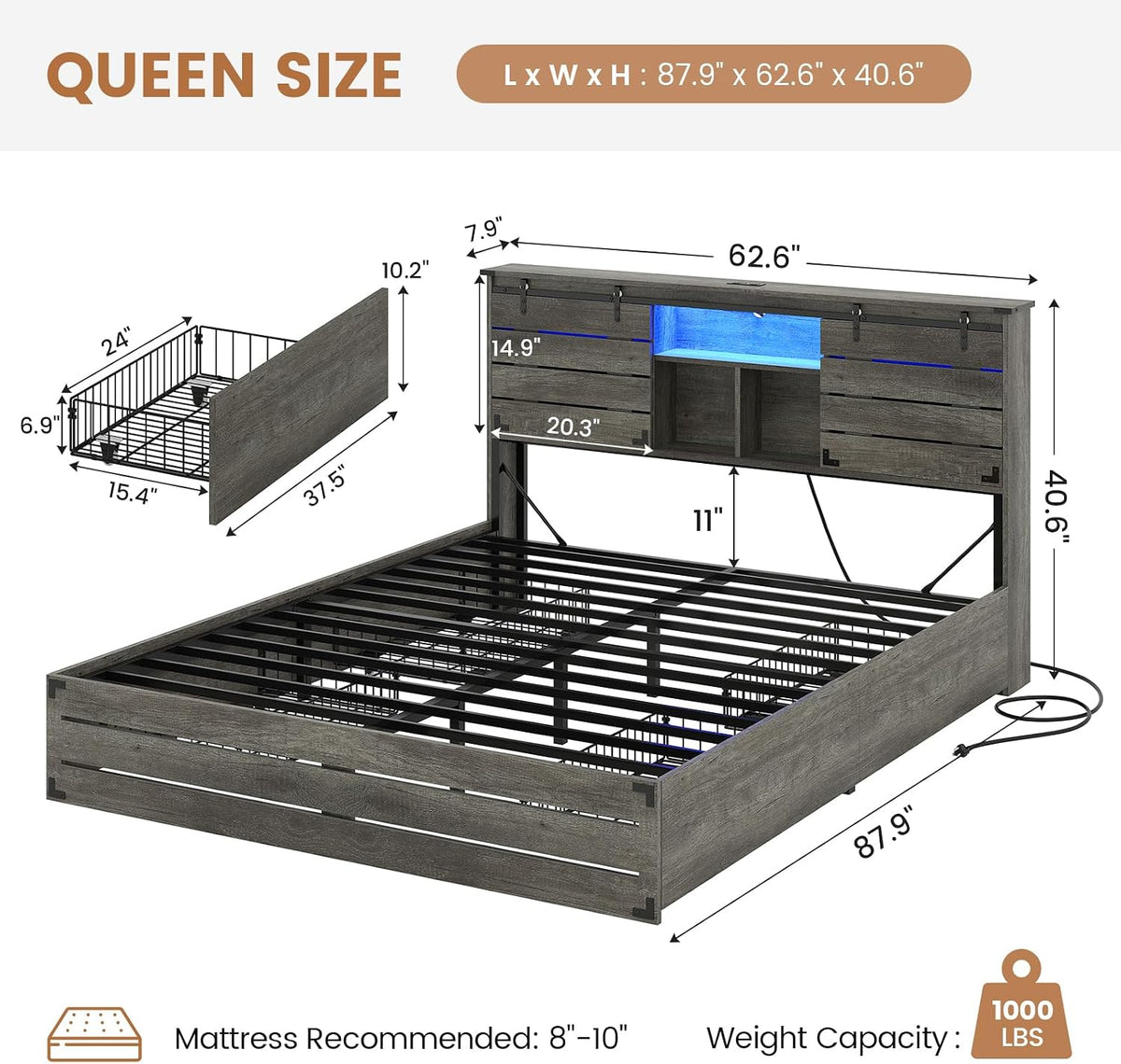 viagdo wooden bed frame queen size with bookcase shown in use