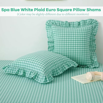 2 Pack Spa Blue Gingham Ruffle Euro Sham Pillow Covers, 100% Washed Cotton - Image 2