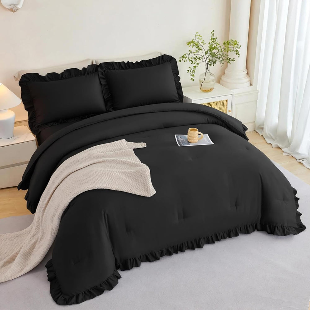 ANGIYUIN Black Queen Size Comforter Set 5Pcs Ruffle Bed in A Bag