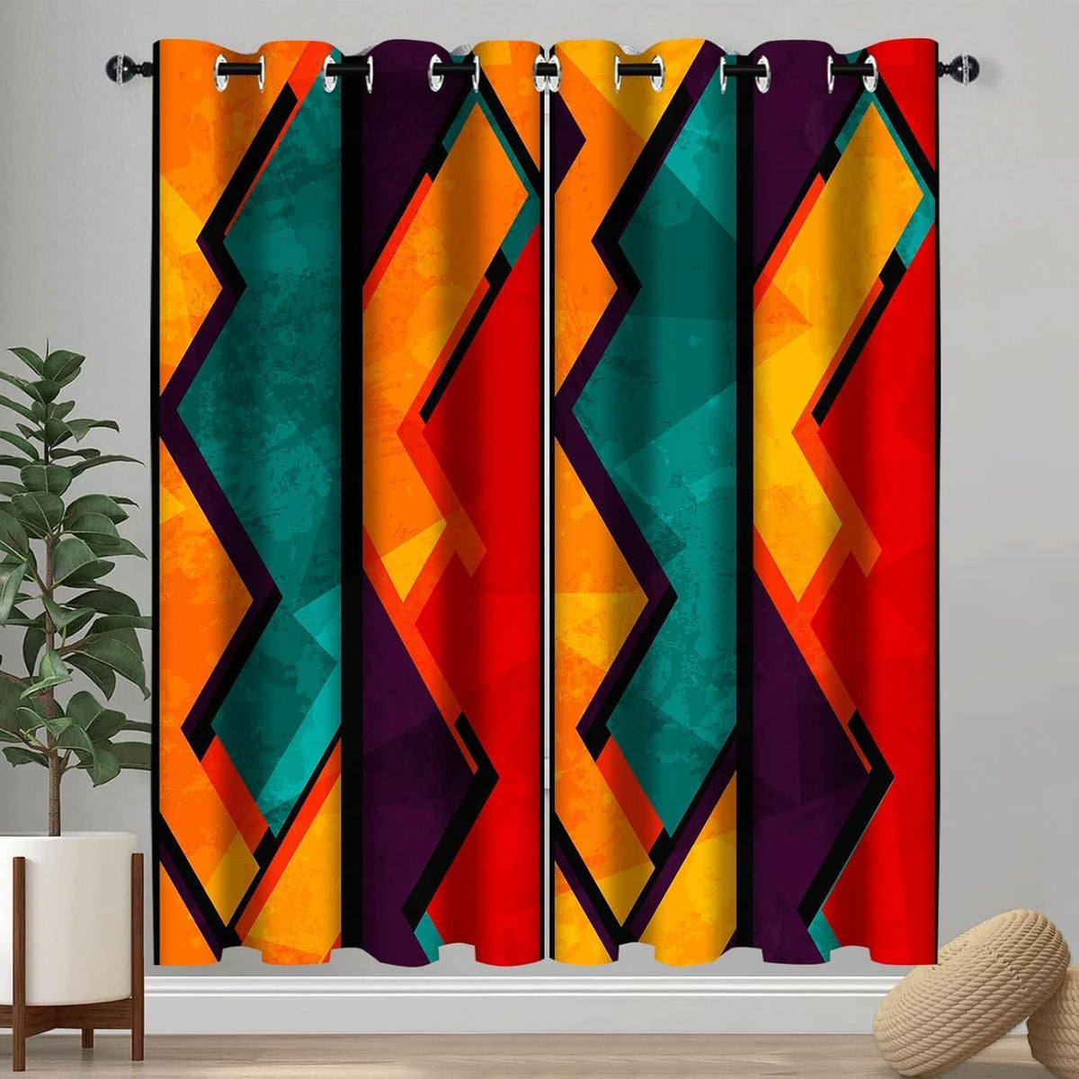 colorful abstract blackout window curtains, geometric red orange shown in use