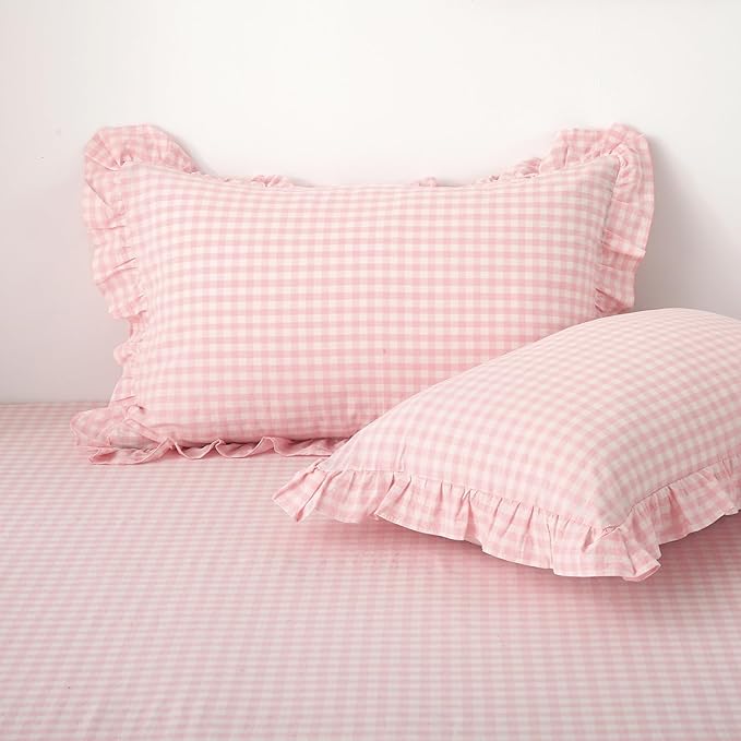2 Pack Blush White Plaid Ruffle Gingham Pillow Shams Standard Size, 100% Washed by KMASANIJI