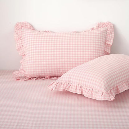 2 Pack Blush White Plaid Ruffle Gingham Pillow Shams Standard Size, 100% Washed by KMASANIJI