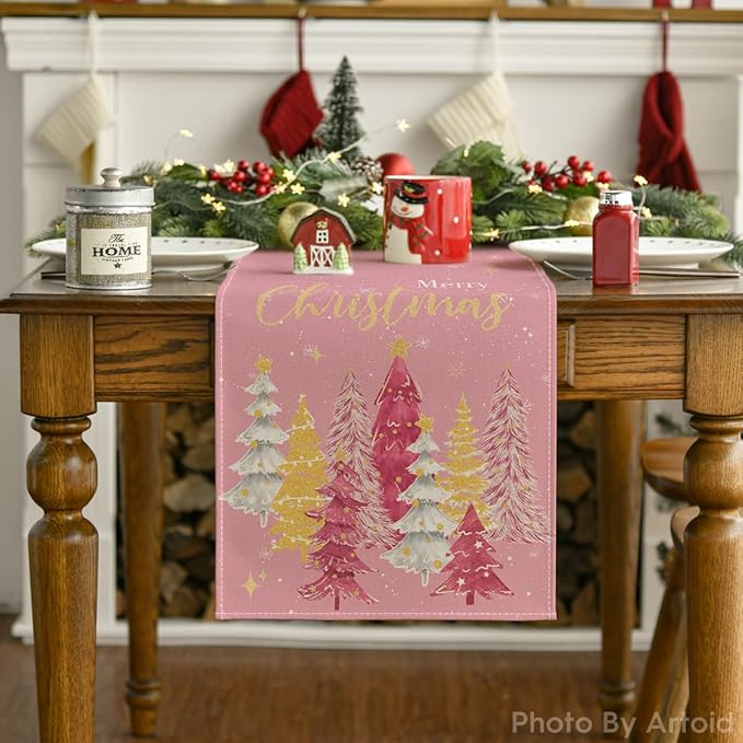 Artoid Mode Xmas Trees Merry Christmas Table Runner, Seasonal Winter Pink - Image 7