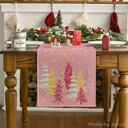 Artoid Mode Xmas Trees Merry Christmas Table Runner, Seasonal Winter Pink - Image 7