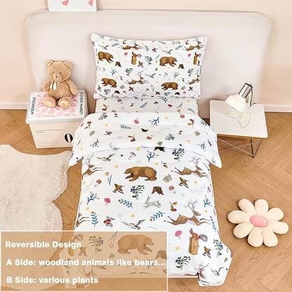 PERFEMET Kids Comforter Sets Twin 4 Pieces Cartoon Woodland Animal Print Bedding - Image 3