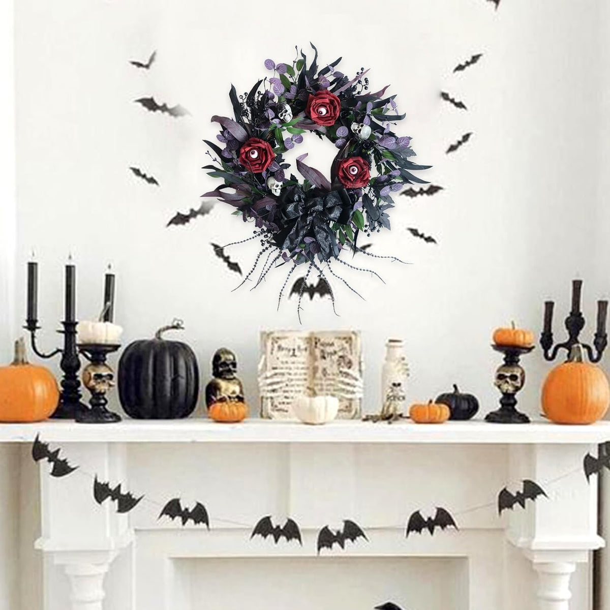 22 Inch Halloween Wreath with Black Roses Skeleton and Eye Balls for Front Door, Gothic Halloween Floral Wreath with Black Bow for Indoor Outdoor