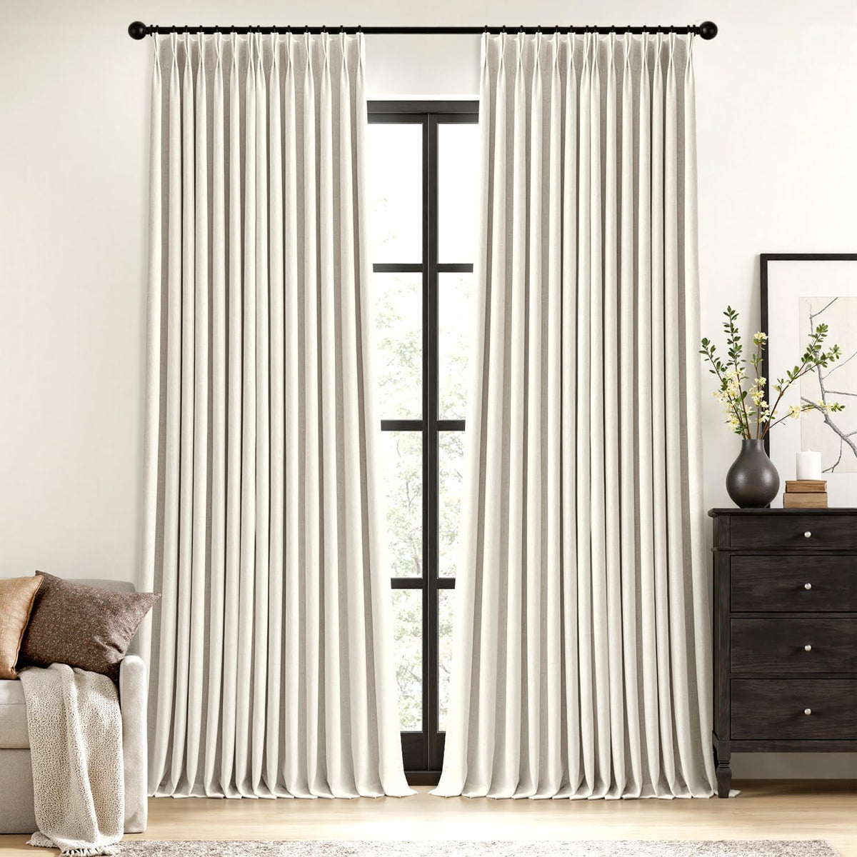 miulee natural pinch pleated 100% blackout linen curtains, main product view
