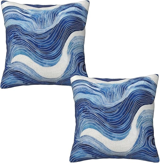 Dark Blue Navy and White Waved Pillow Covers 18x18 Inch Decorative Modern - Image 2