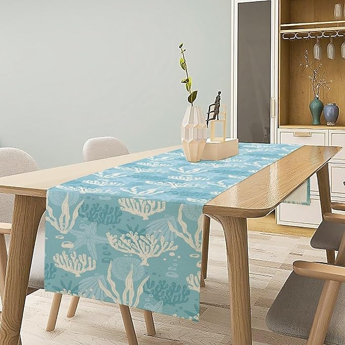 Ocean Seaweed Coral Table Runner Beach Blue Nautical Starfish Coral Table Runner - Image 7