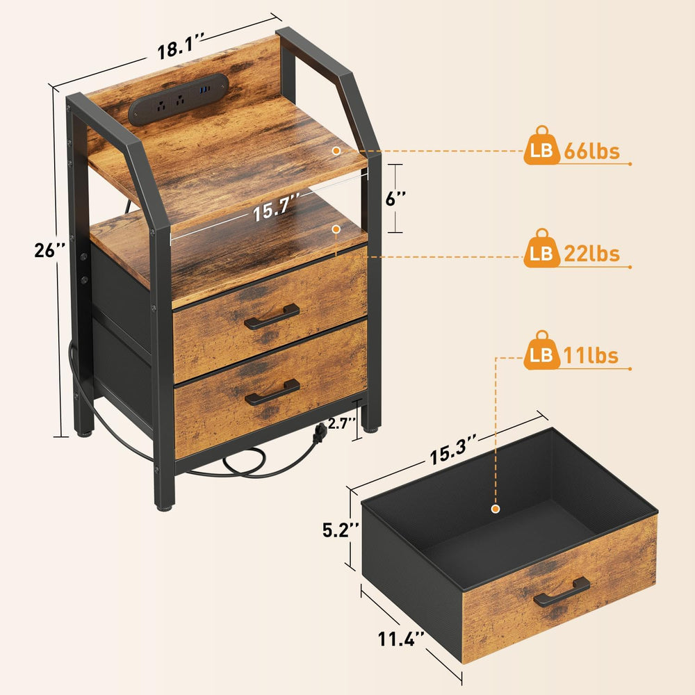 HLDIRECT Nightstand with Built-in Charging Station & Warm LED Light