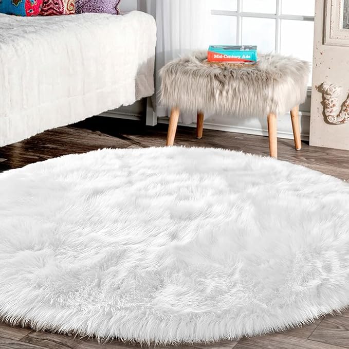 Latepis Round Rugs 8ft White Circle Area Washable Fluffy Rug Faux Fur Soft by Latepis