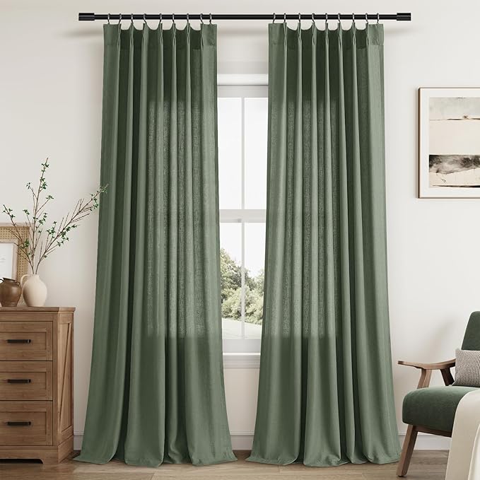 Olive Green Pinch Pleat Linen Curtains 94 Inch Length 2 Panels Set by Aersas