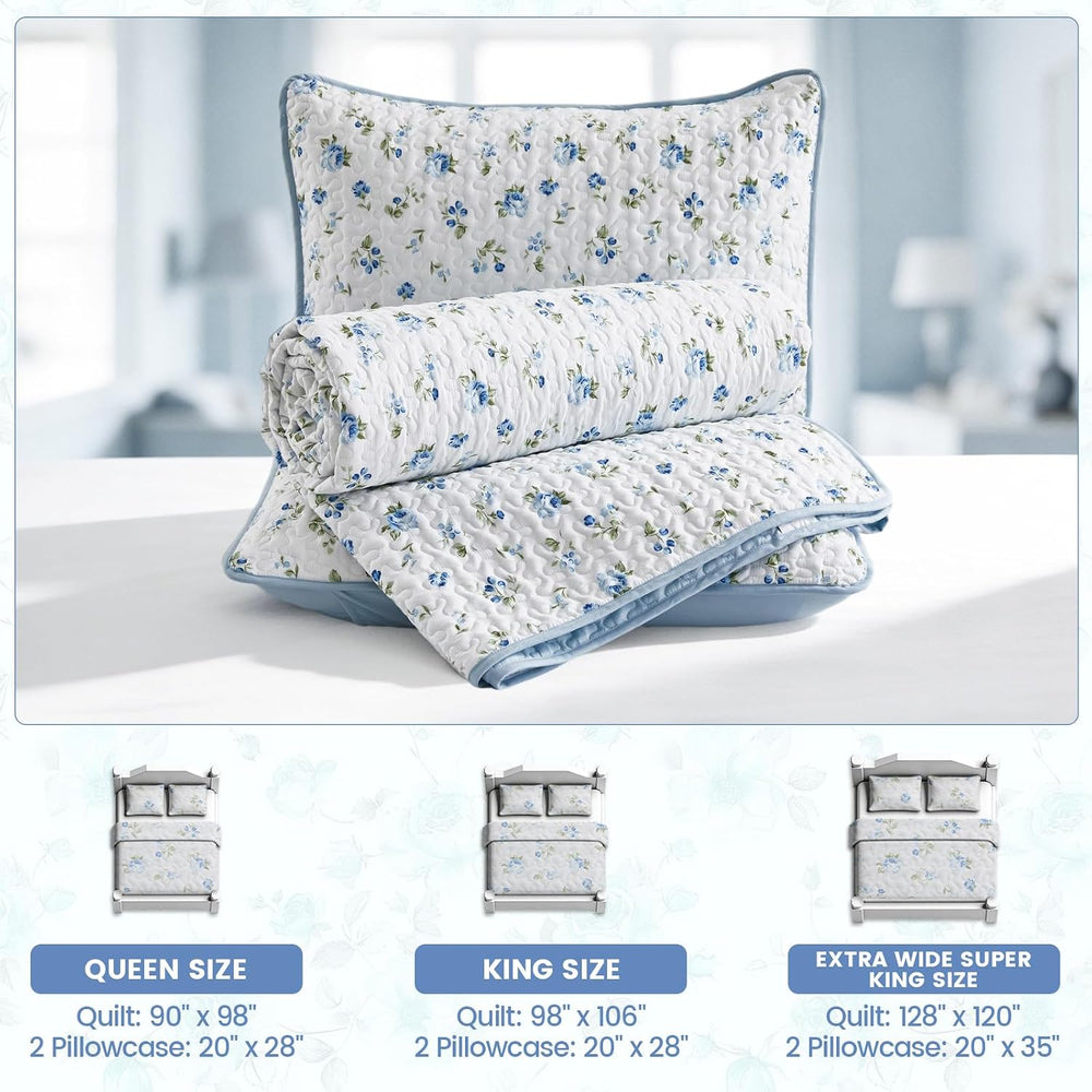 Queen/Full Size Floral Quilt Set Blue Shabby Chic Flower Bedspreads Set