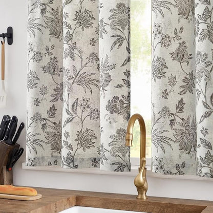 jinchan Floral Linen Tier Curtains 24 Inch Farmhouse Cafe Curtains Rod Pocket - Image 2